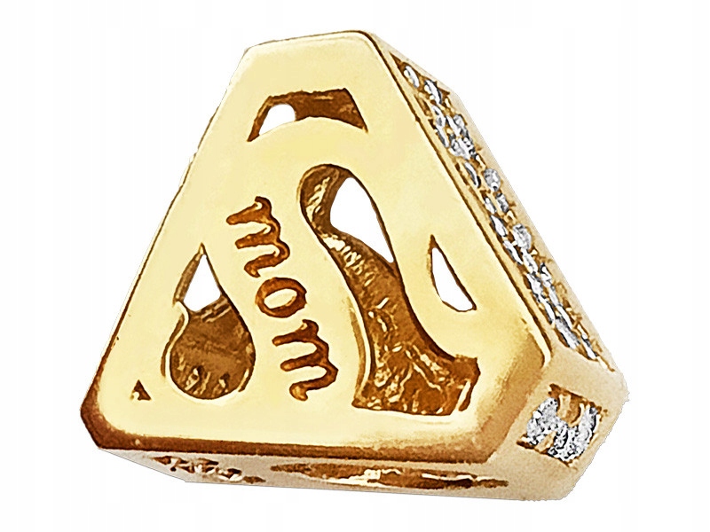 Zlatý přívěsek na náramky 585, diamant s nápisem Mom, bílé zirkony