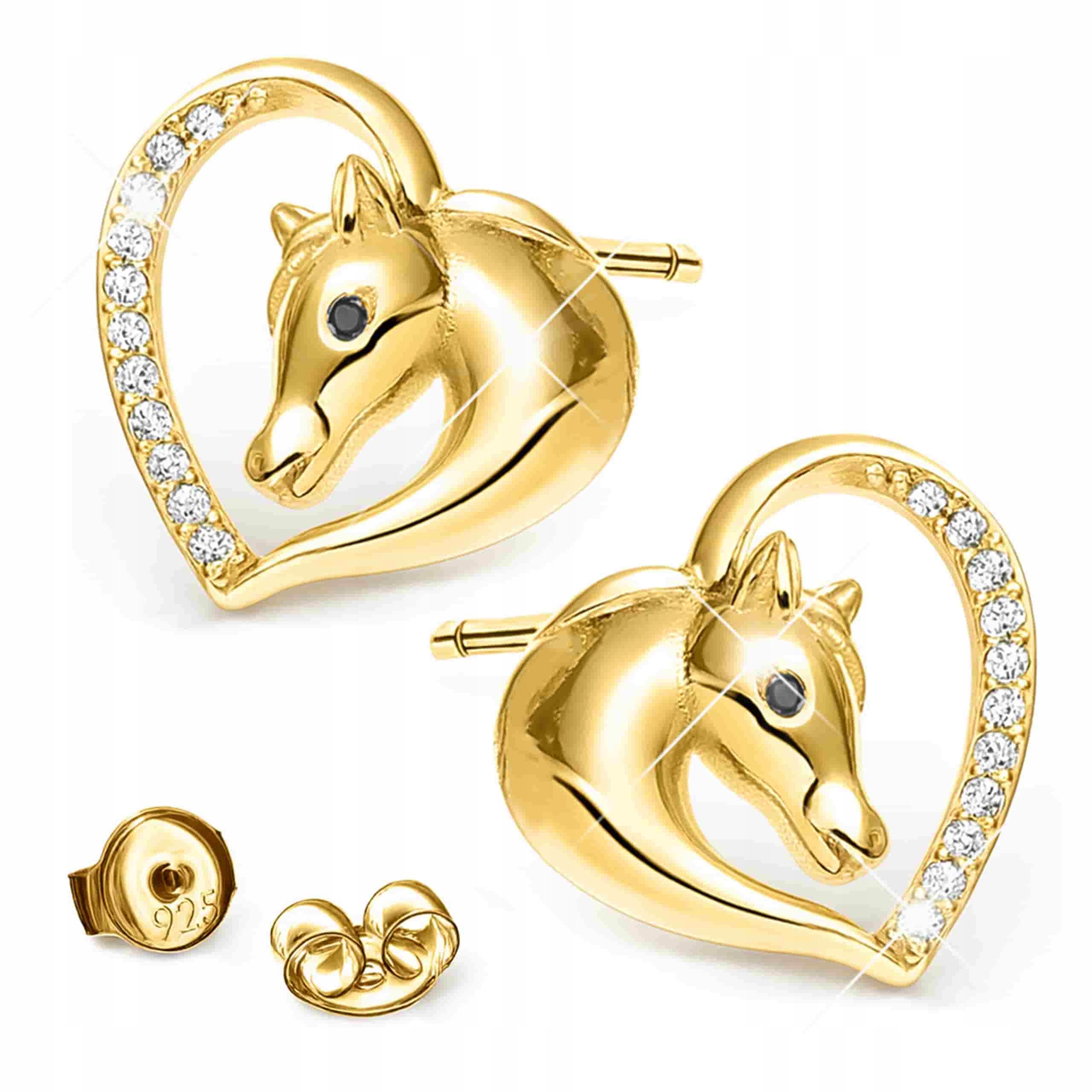 Zlaté Náušnice Koně Srdce s koňmi Bílé Zirkony Koně Kůň Stříbro 925
