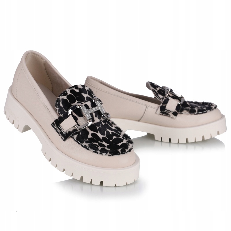 Béžové dámské kožené mokasíny s panterkou, dámské polobotky Chebello 37