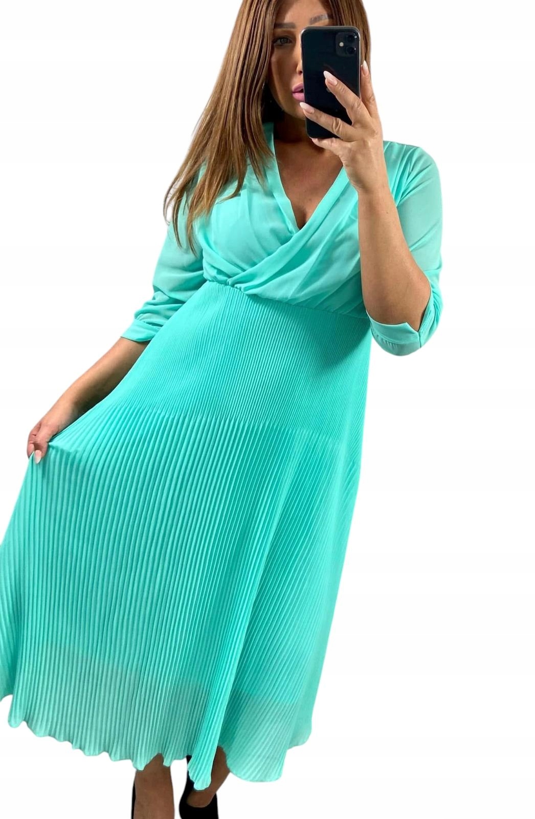 V652 Elegantní Plisovaná Šaty Mátová vel. 42 (XL)