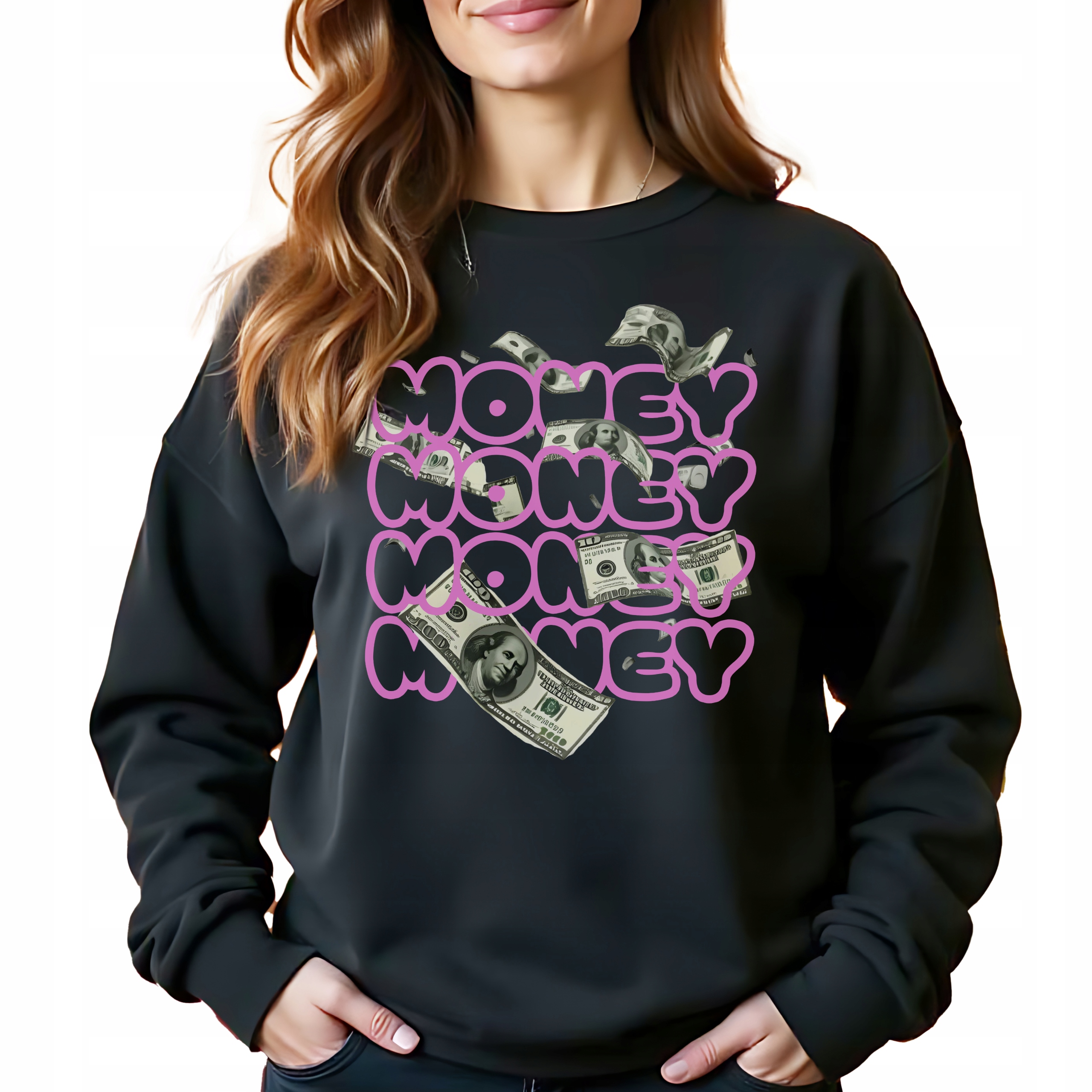 Černá bavlněná Mikina Money Money Stylová Bez Kapuce Jako Dárek Vel L
