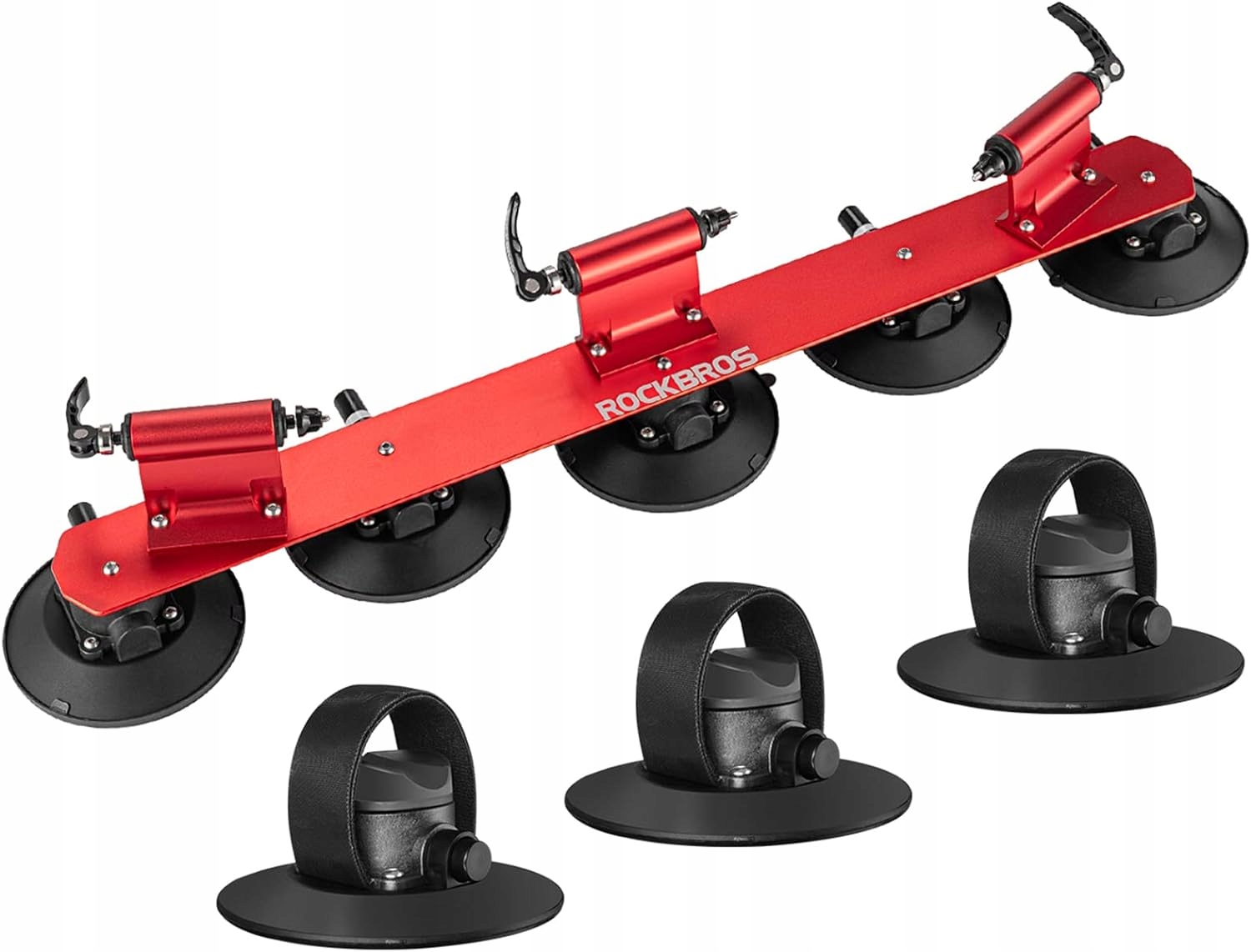 ROCKBROS Bagażnik Rowerowy z Przyssawkami na Dach Czerwony, na 3 Rowery