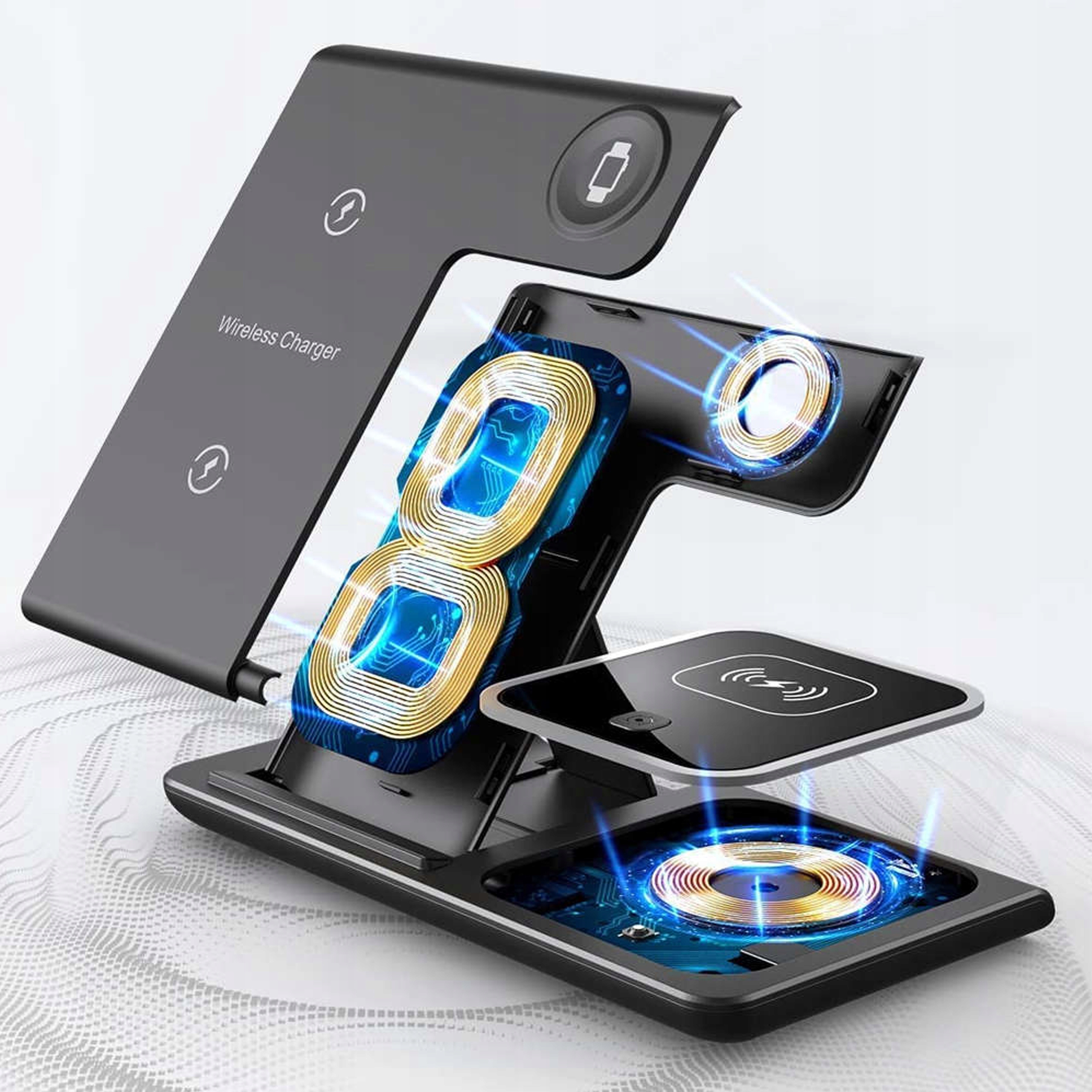 BEZPRZEWODOWA ŁADOWARKA INDUKCYJNA STACJA 3W1 iPhone Apple Watch Airpods Kolor czarny