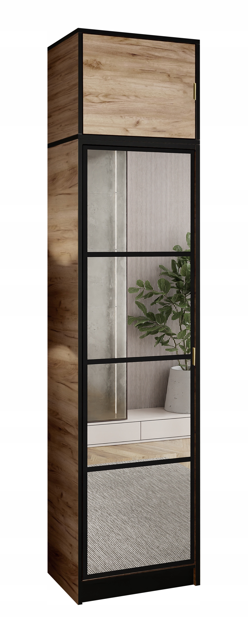 Skříň Lumi 54 1D Craft Oak se zrcadlem Eden, zlatou úchytkou a výsuvem