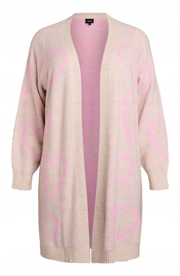 Plus Size Zizzi Dlouhý Svetr Kardigan Béžový Srdce 410D 56