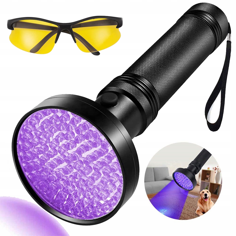 Latarka Ultrafioletowa 100 Led Z Goglami Ochronnymi Uv Przenośny Czarny