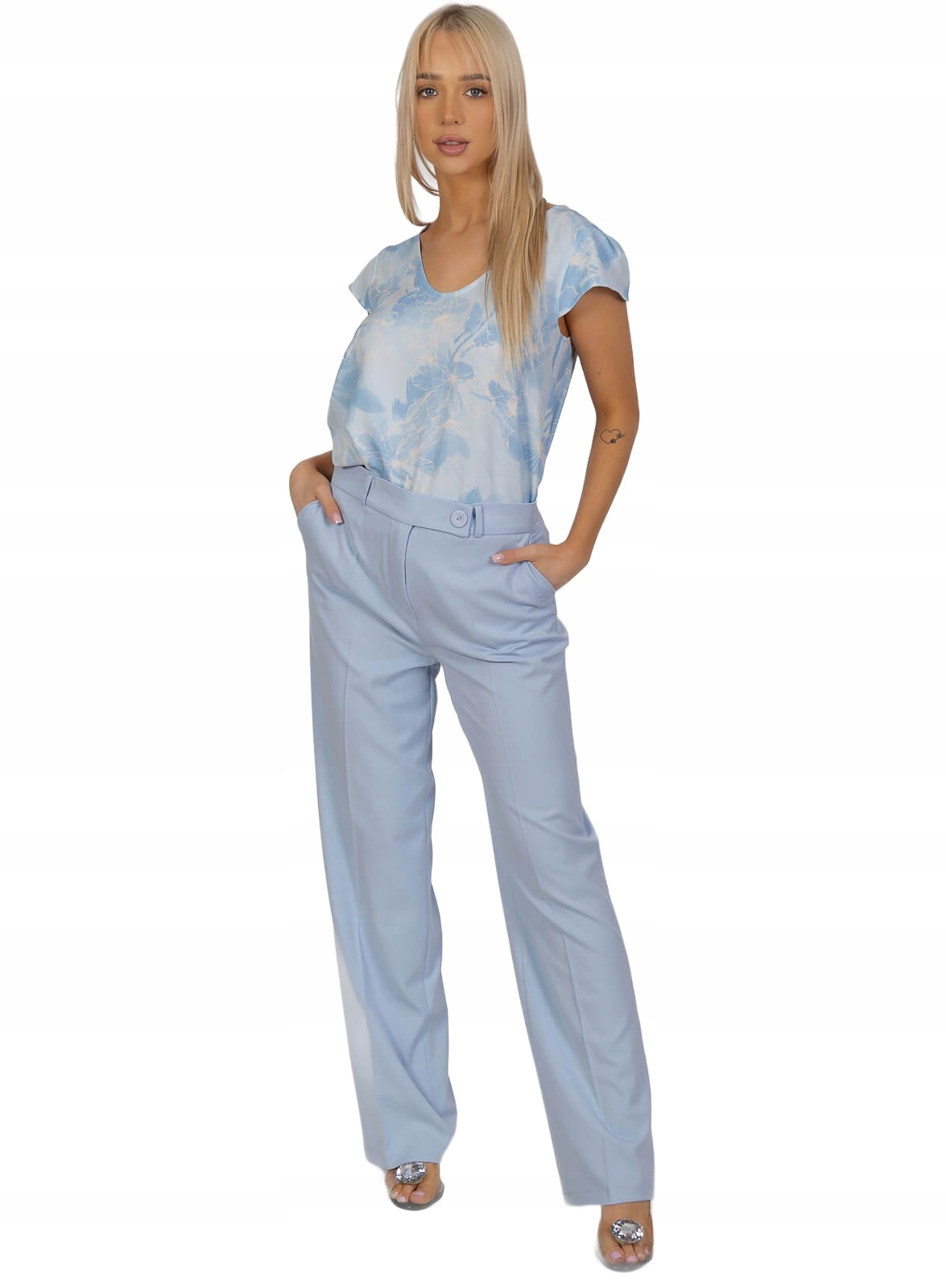 Elegantní Bb kalhoty s širokou nohavicí a vysokým pasem Baby Blue 36