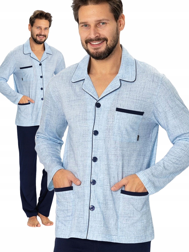 Hotberg Ambroži – elegantní modré pánské pyžamo s rozepínacím límcem XXL