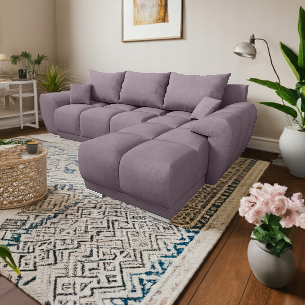 Levandulový Prošívaný Rohová Sedací Souprava Rozkládací Rohová Sedačka S Funkcí Spaní Honey L