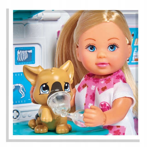 DUŻY ZESTAW LALKA EVI DOKTOR I AMBULANS KLINIKA WETERYNARYJNA 2W1 + AKCES. Materiał plastik