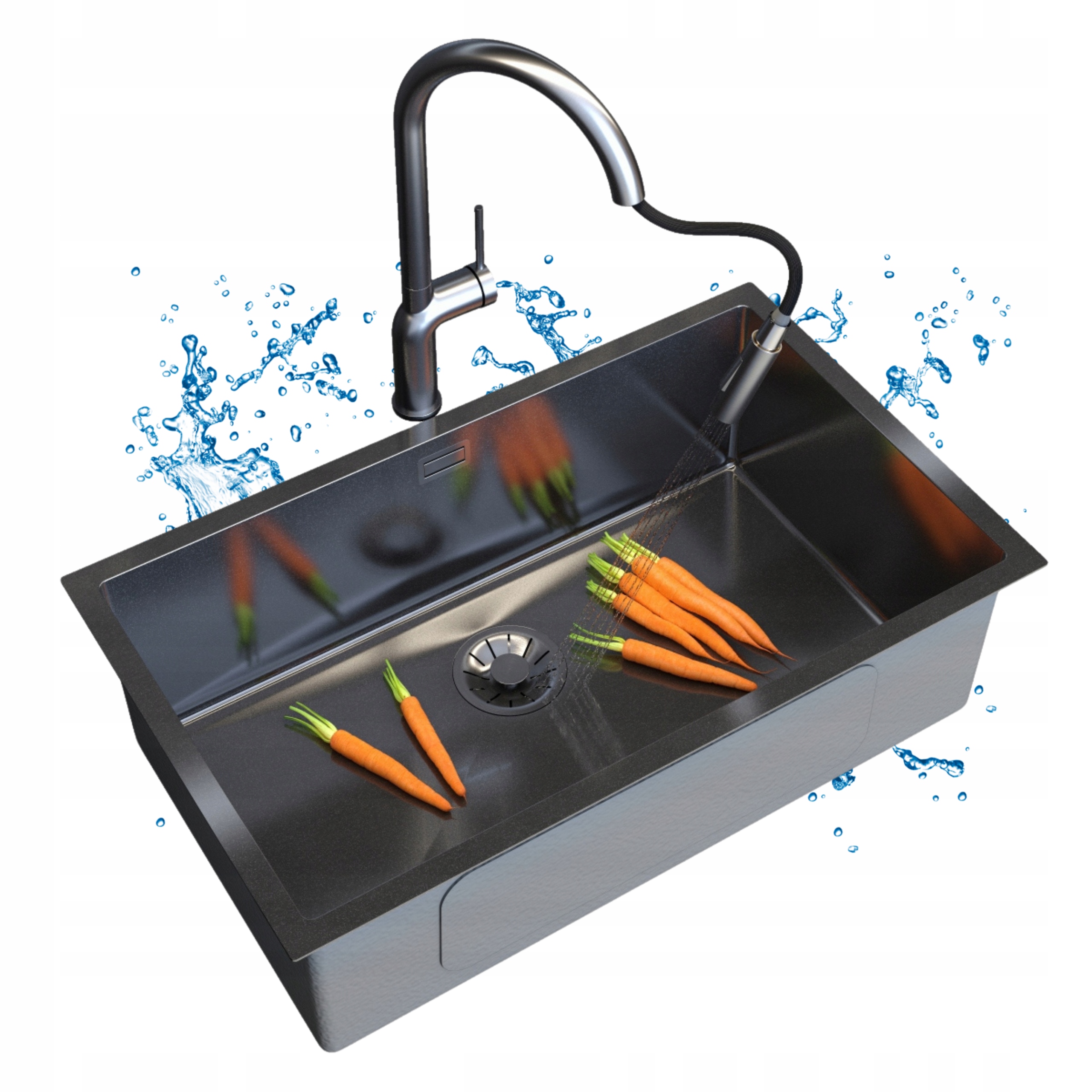 Oceľový Drez SILVO75 Jednokomorový Čierny sifón Lux Batéria Oxi