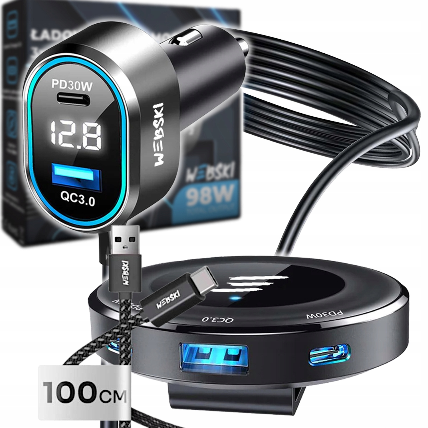 Velmi Rychlá Automobilová S Klipem 98W 2xUSB 3xUSB-C Kabel 100CM