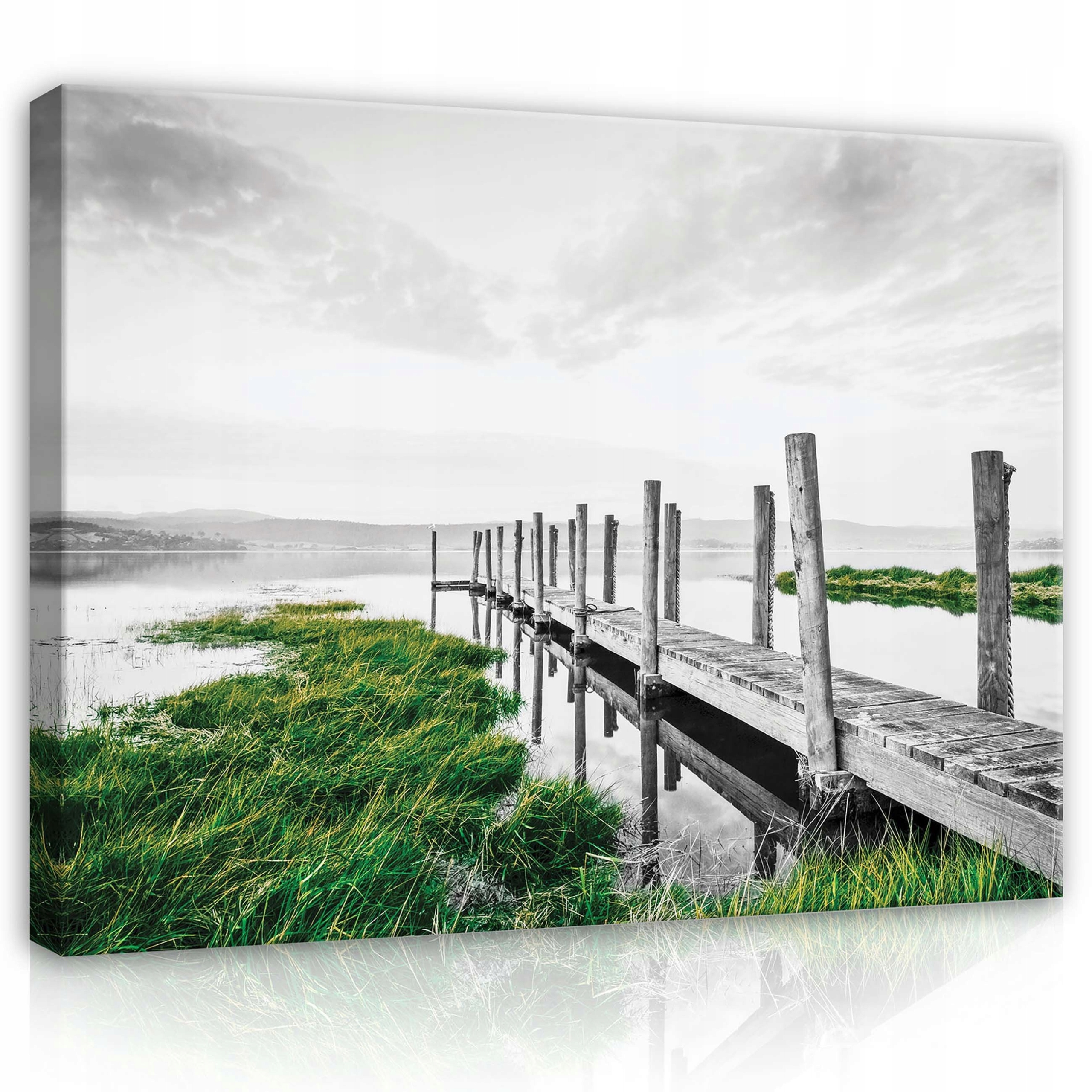 Obraz 100x75 Klid ticho molo voda tráva monochrom zelený akcent příroda