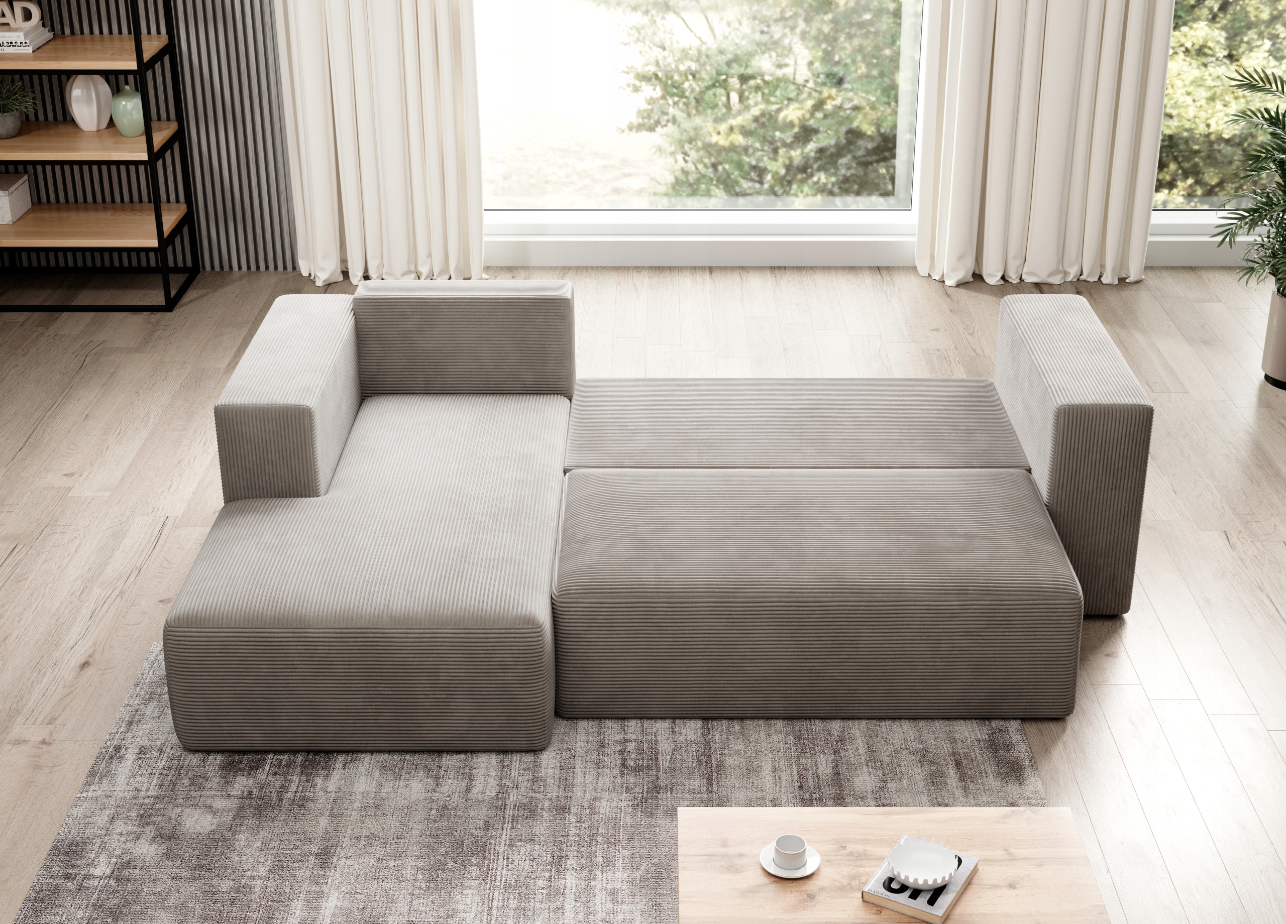 Narożnik z funkcją spania Stripes prawy beżowy Mega Okazja Marka Moderno Meble