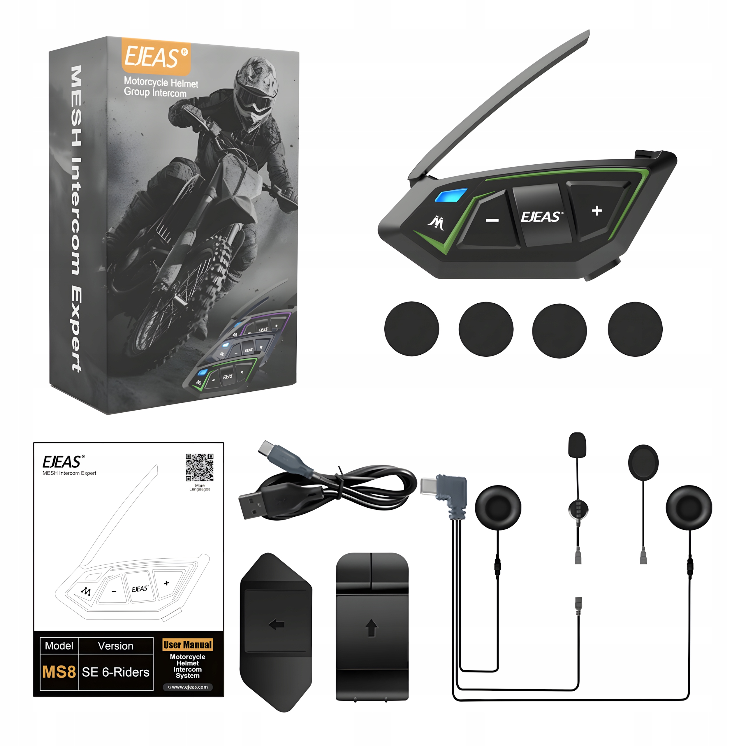 Ejeas MS8-SE Motocyklový Interkom Max 6 Osôb 1000 M IP67 Mesh 3.0 Bt 5.1 CVC