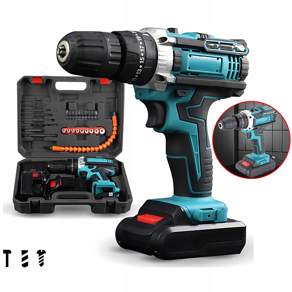 Akumulátorový Aku Vrtačka 21V Příklepový, Bezkartáčový, Výkonný, 2XAKU