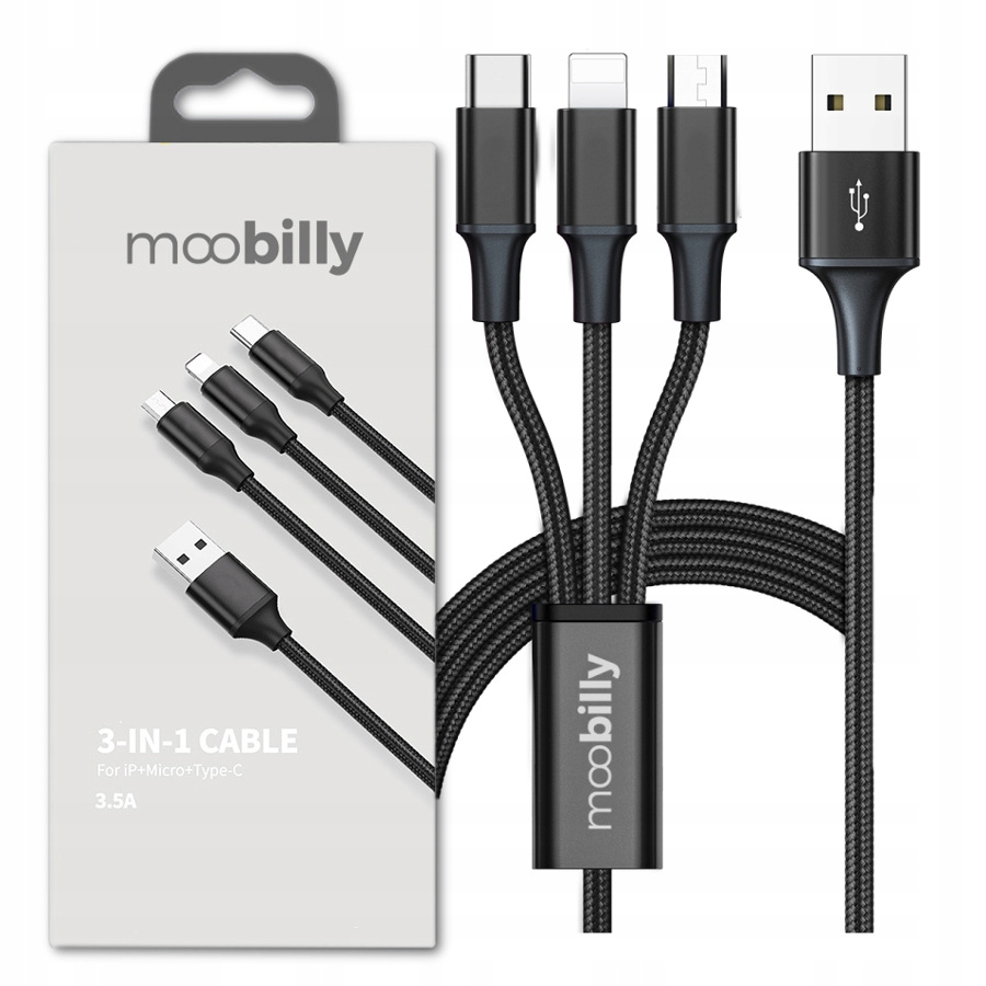 

Moobilly Kabel 3w1 do iPhone Micro Type-C 3.5A 1m