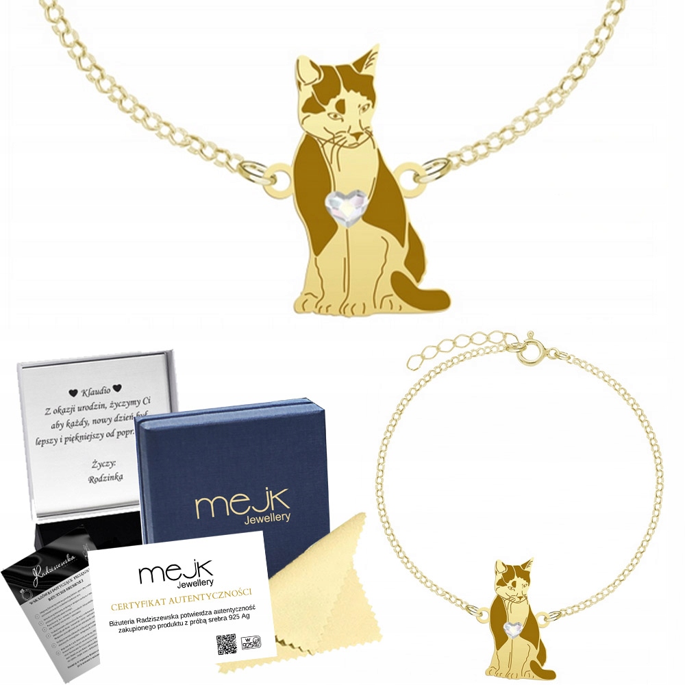 Zlatý náramek s domácí kočkou Tuxedo 925 Řetízek Šperky Gravírování Bonus