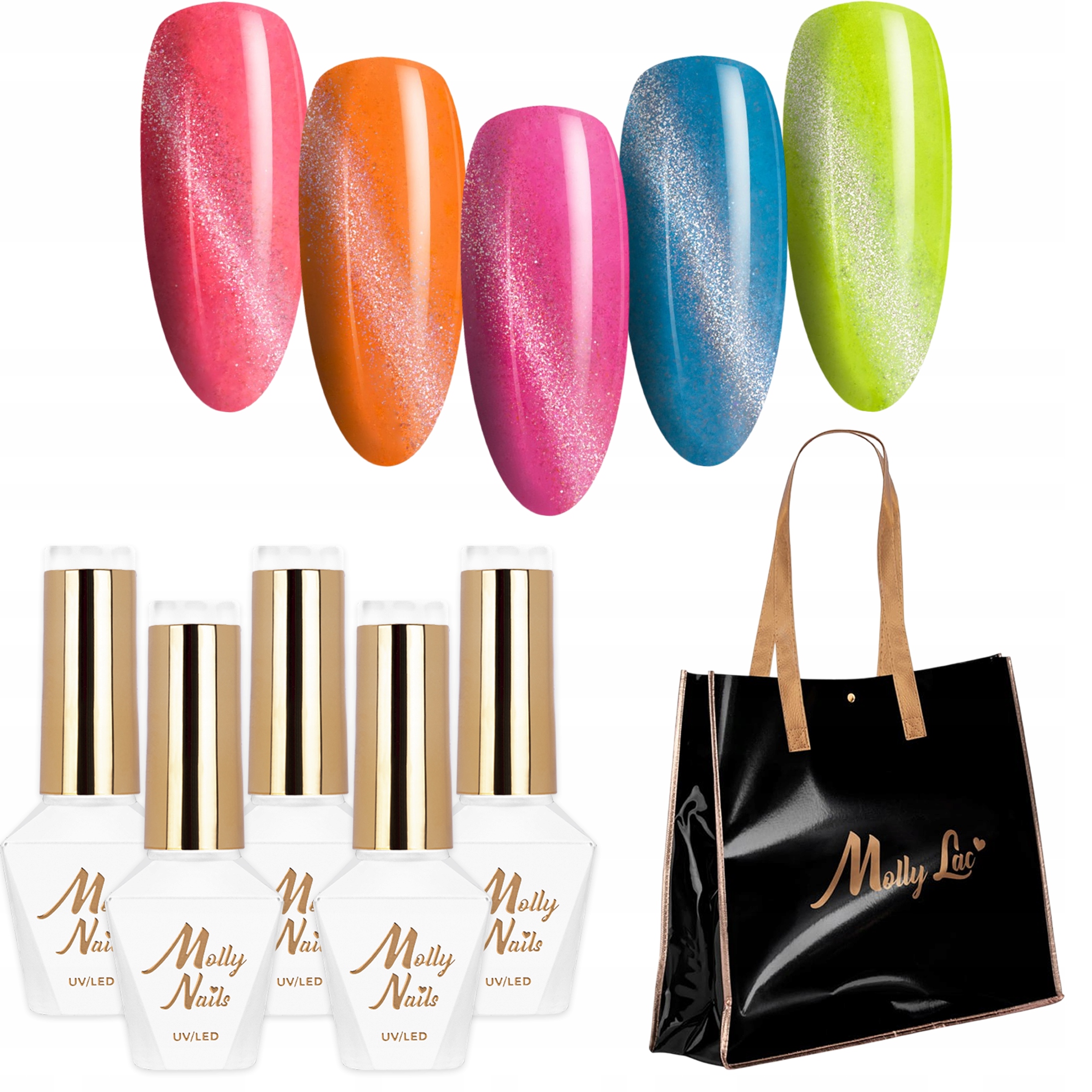 5x Hybridní lak Mollynails 8 g Skittle Nails Cat Eye taška přes rameno