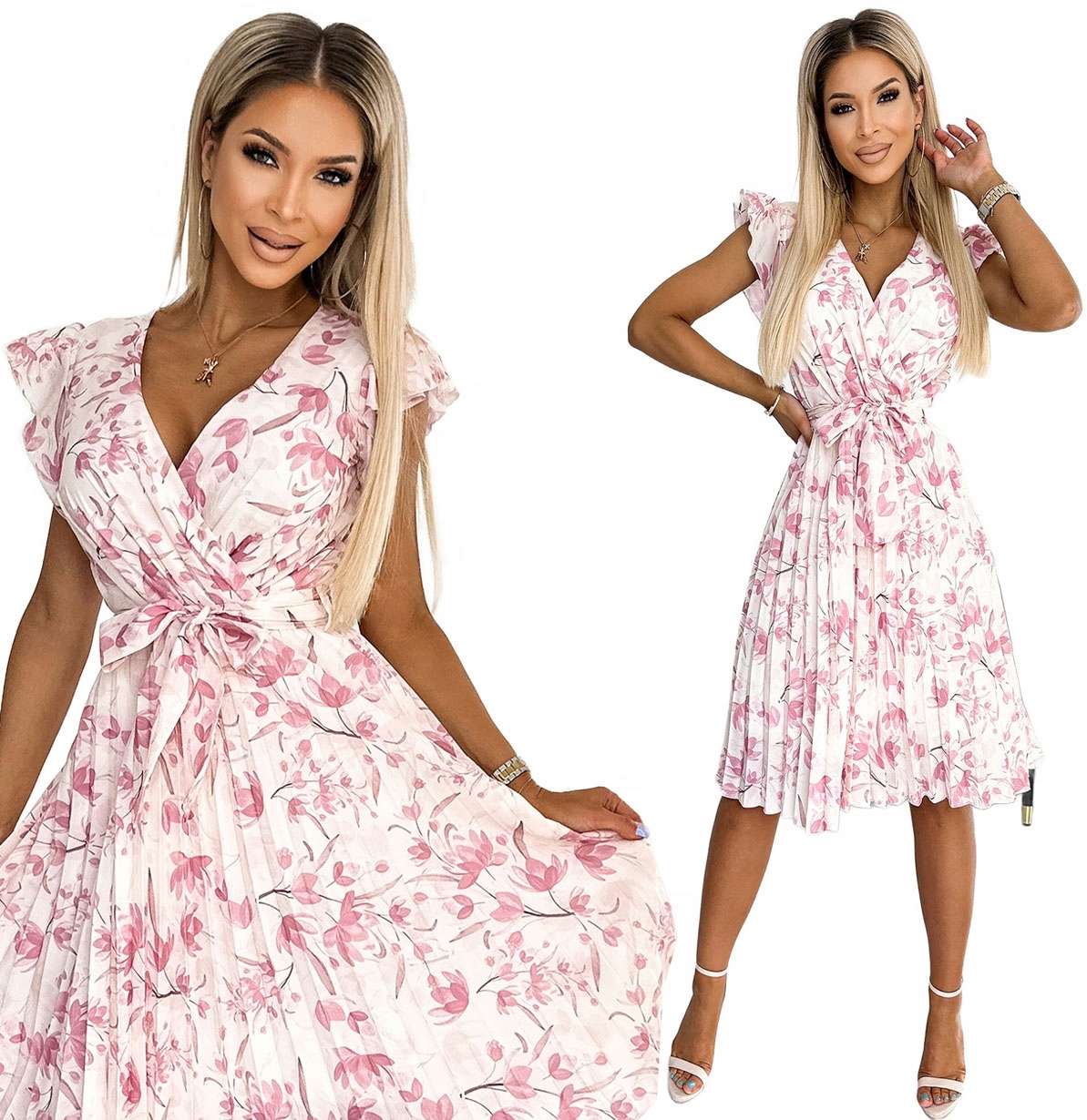 Šifonové Plisované Šaty S Volánky Bez Rukávů, Růžové Květy, Velikost L