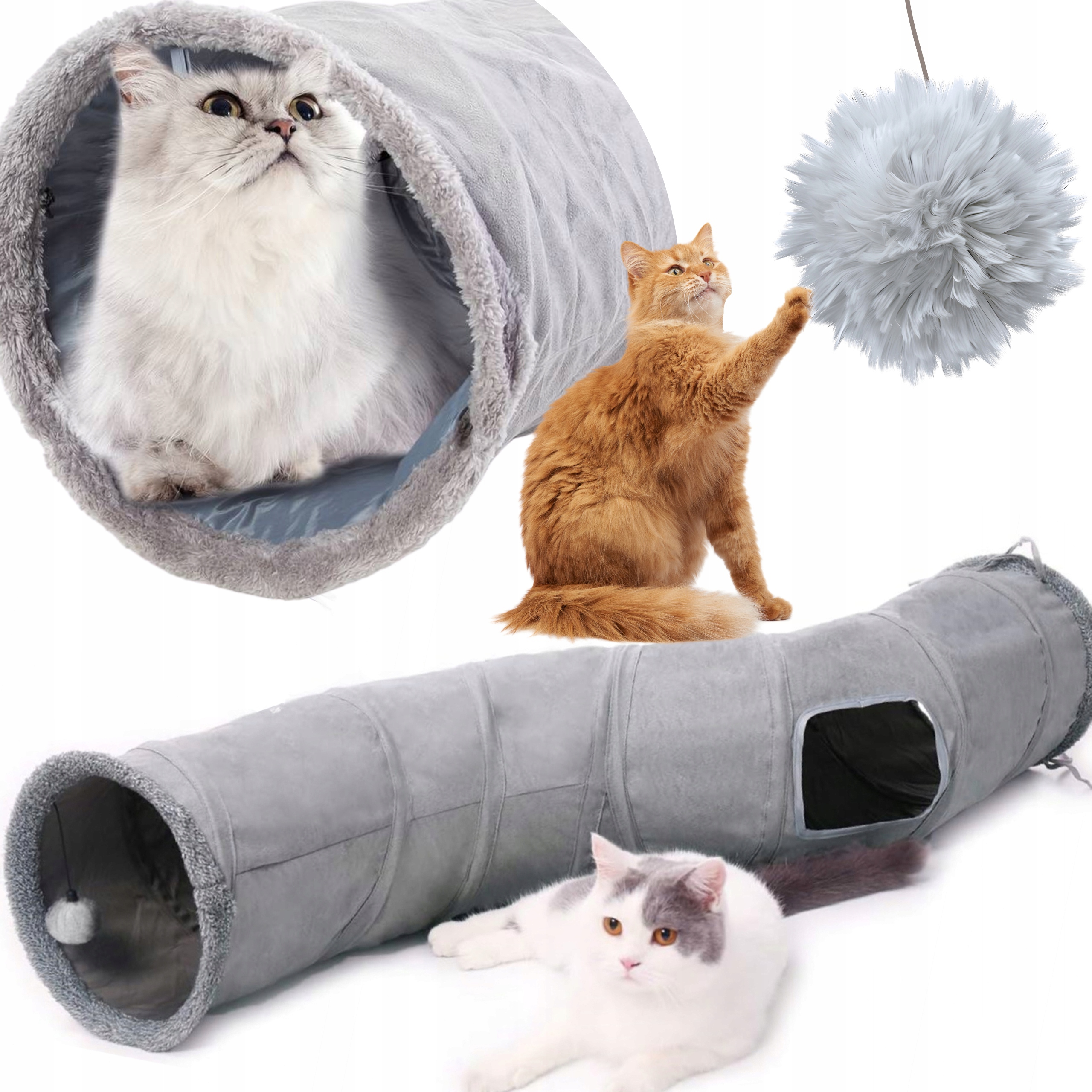 Levně Tunel Pro Kočky S Míčem Velký Šedý 117 CM Hračka