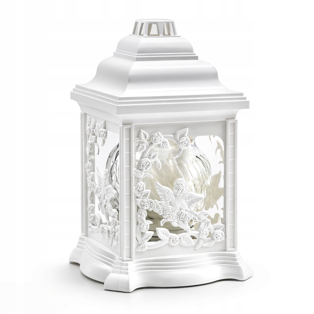 Znicz szklany ozdobny premium biały, tradycyjny ANIOŁ wys. 26 cm