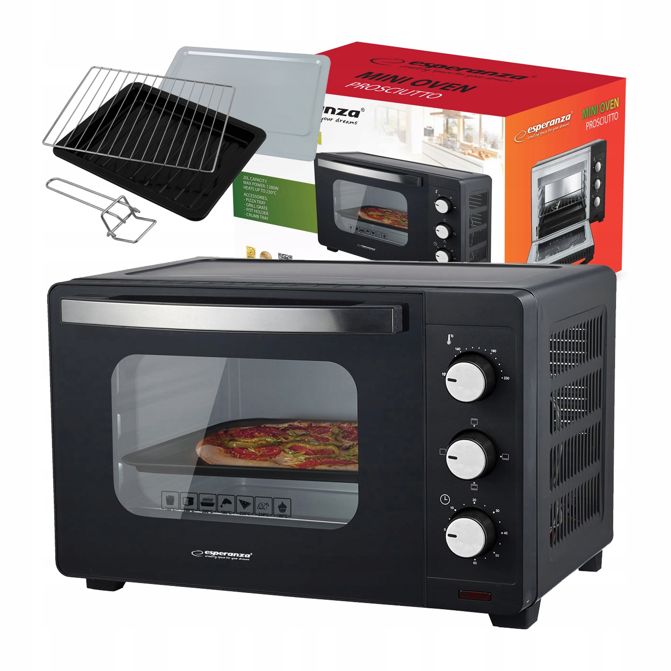 Piekarnik Elektryczny Timer Mini 20L 1280W Góra Dół 250°C Ruszt Taca