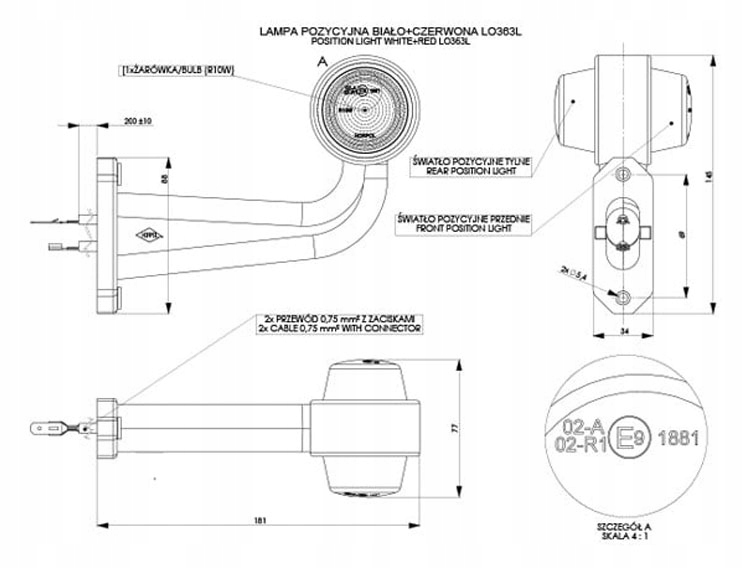 LAMPA ŻARÓWKOWA OBRYSOWA ŁAMANA DŁUGA LEWA Producent części Horpol