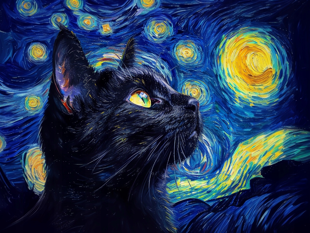Obraz Na Plátně Canvas Olej Van Gogh Hvězdná Noc Černá Kočka 80x60