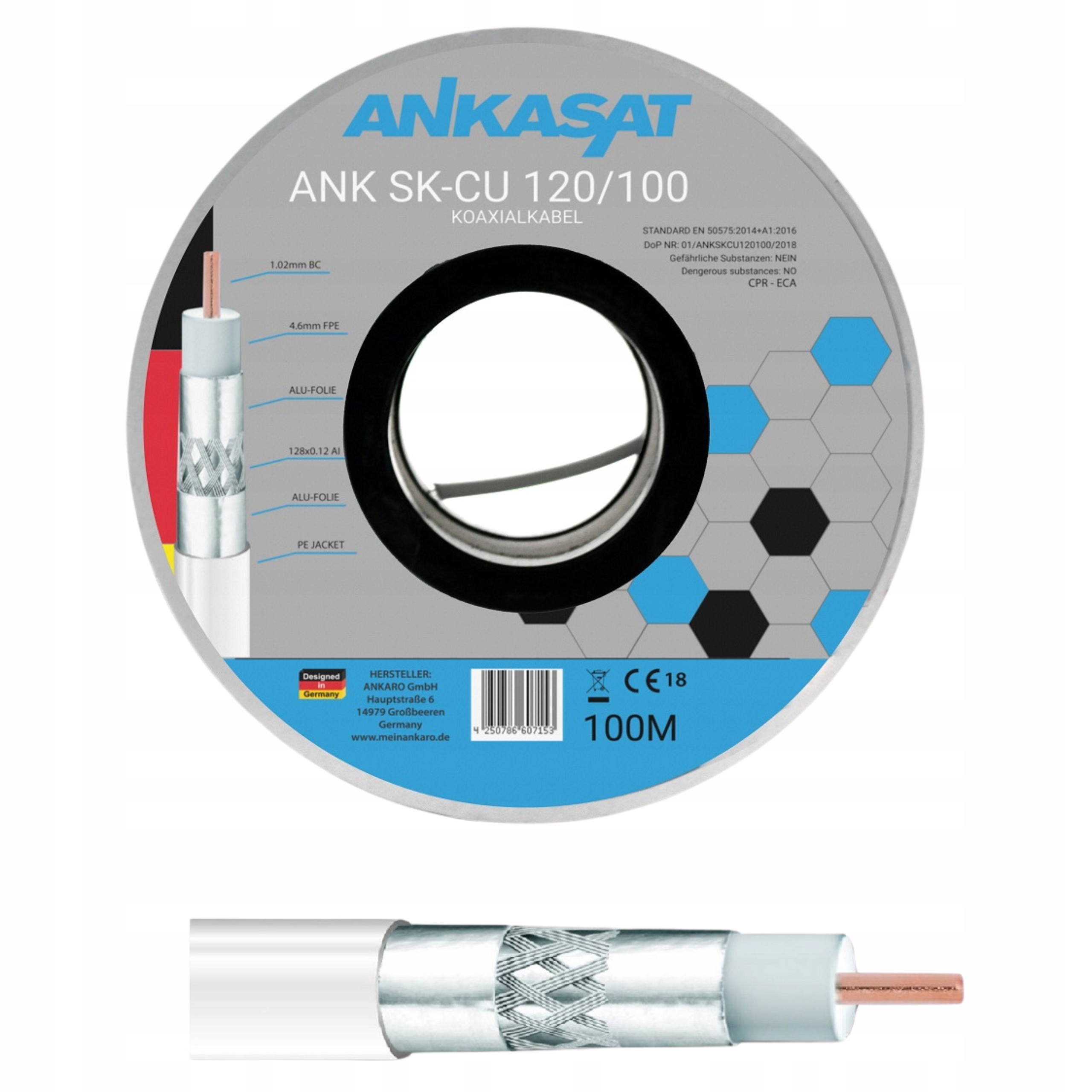 Kabel Antenowy 100m Koncentryczny Miedziany Coaxial 120 Db Cu Tv Sat DVB-T2