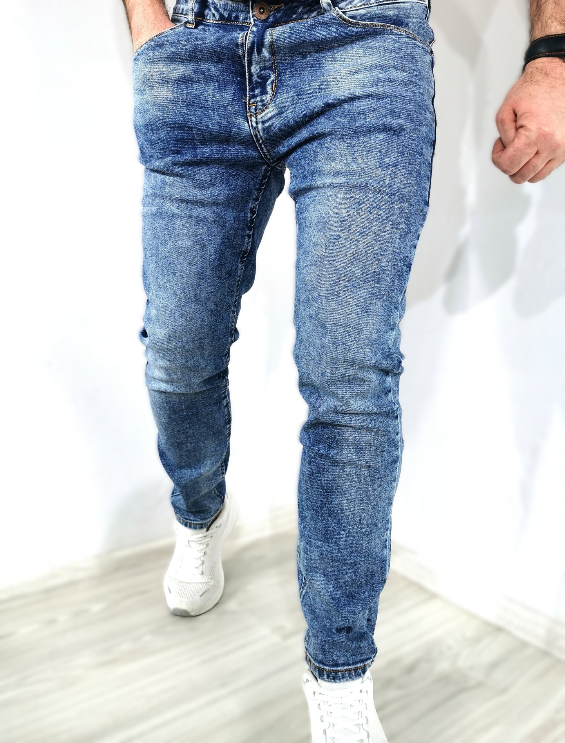 Pánské džínové kalhoty modré, lehce stírané, mramorované, slim comfort 30