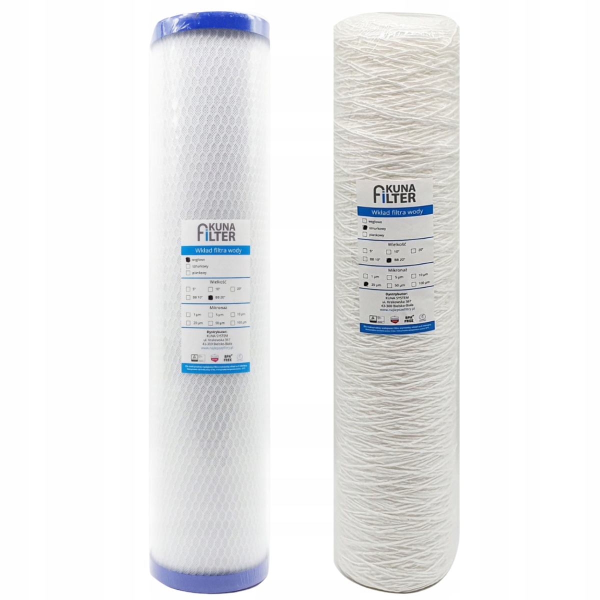 Zestaw wkładów do filtra 20 20, wkład węglowy, wkład sznurkowy 20 mikronów