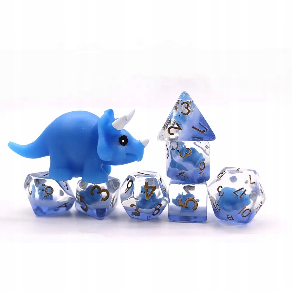 TRÓJROGA OPOWIEŚĆ TRICERATOPSA ZESTAW 7 EPOKSYDOWYCH KOSTEK KOŚCI RPG