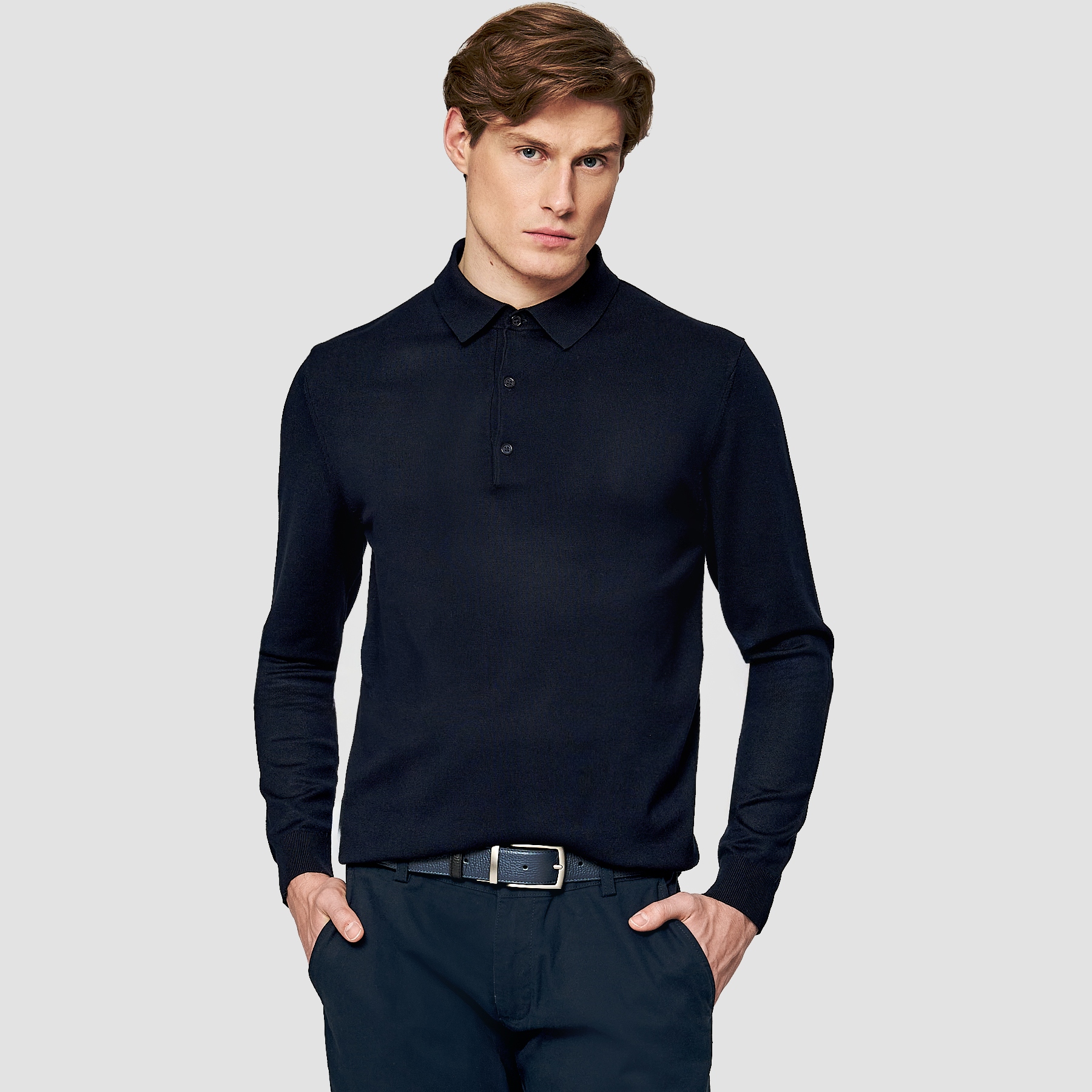 Pánský svetr s límečkem polo tmavě modrý Pako Lorente vel 3XL