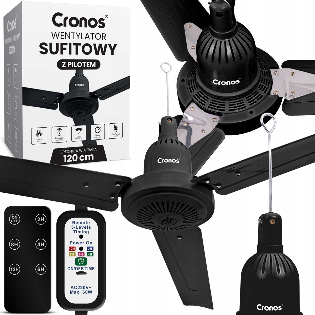 Stropní Ventilátor S Větrákem Tichý Černý Větrák 120 cm Dálkový Ovladač Časovač