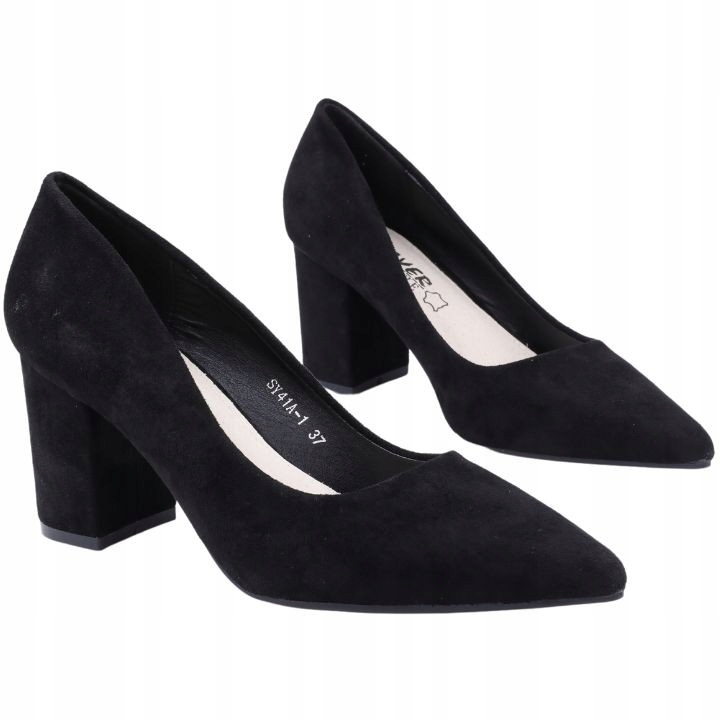 CZARNE CZÓŁENKA DAMSKIE NA SŁUPKU BUTY ZAMSZOWE ELEGANCKIE WKŁ. EKOSKÓRA Rozmiar 38