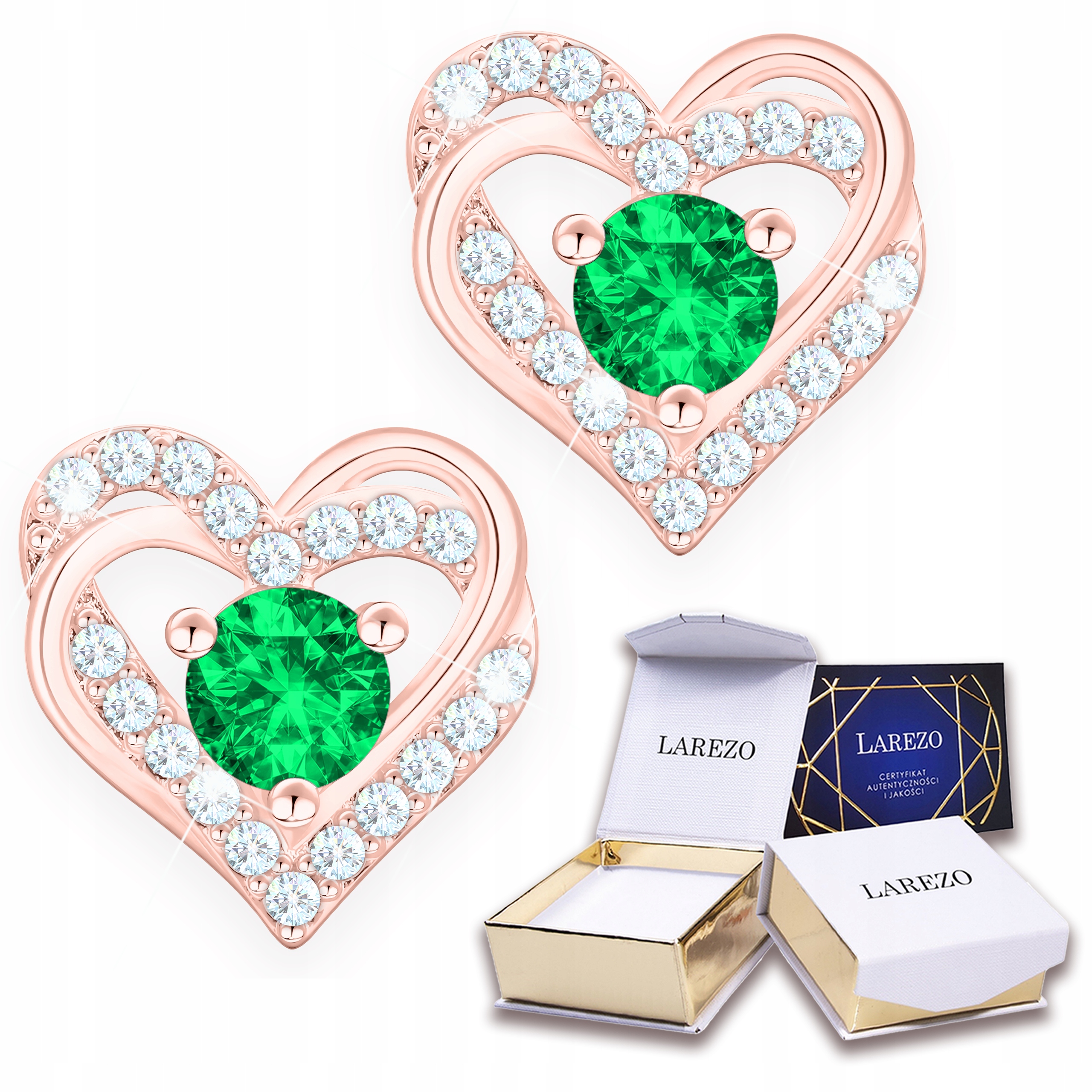 Náušnice Pozlacená srdce Dvojitá Srdíčka se zeleným očkem Stříbro 925