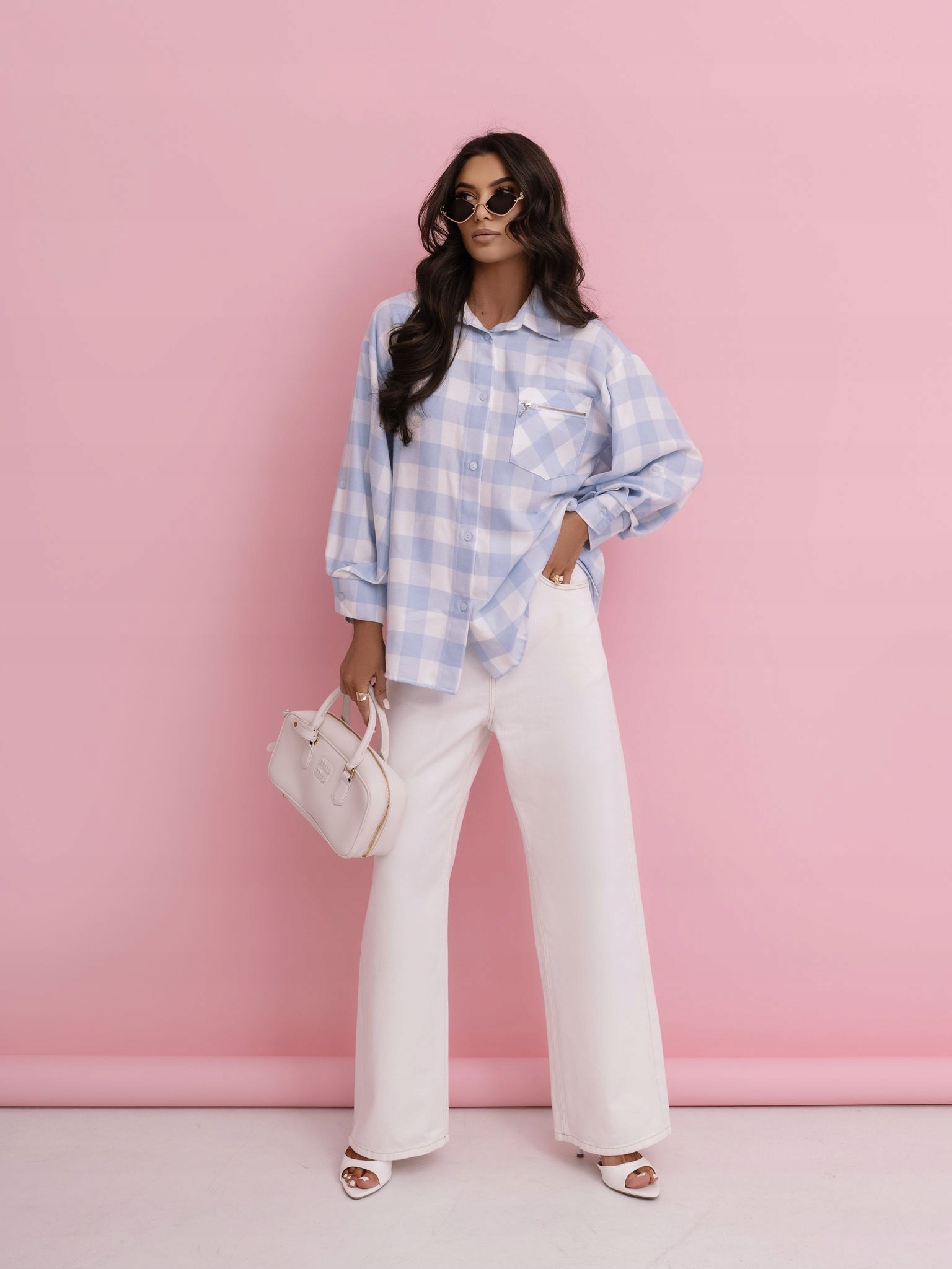 Dámská kostkovaná bavlněná košile s kapsou Modrá