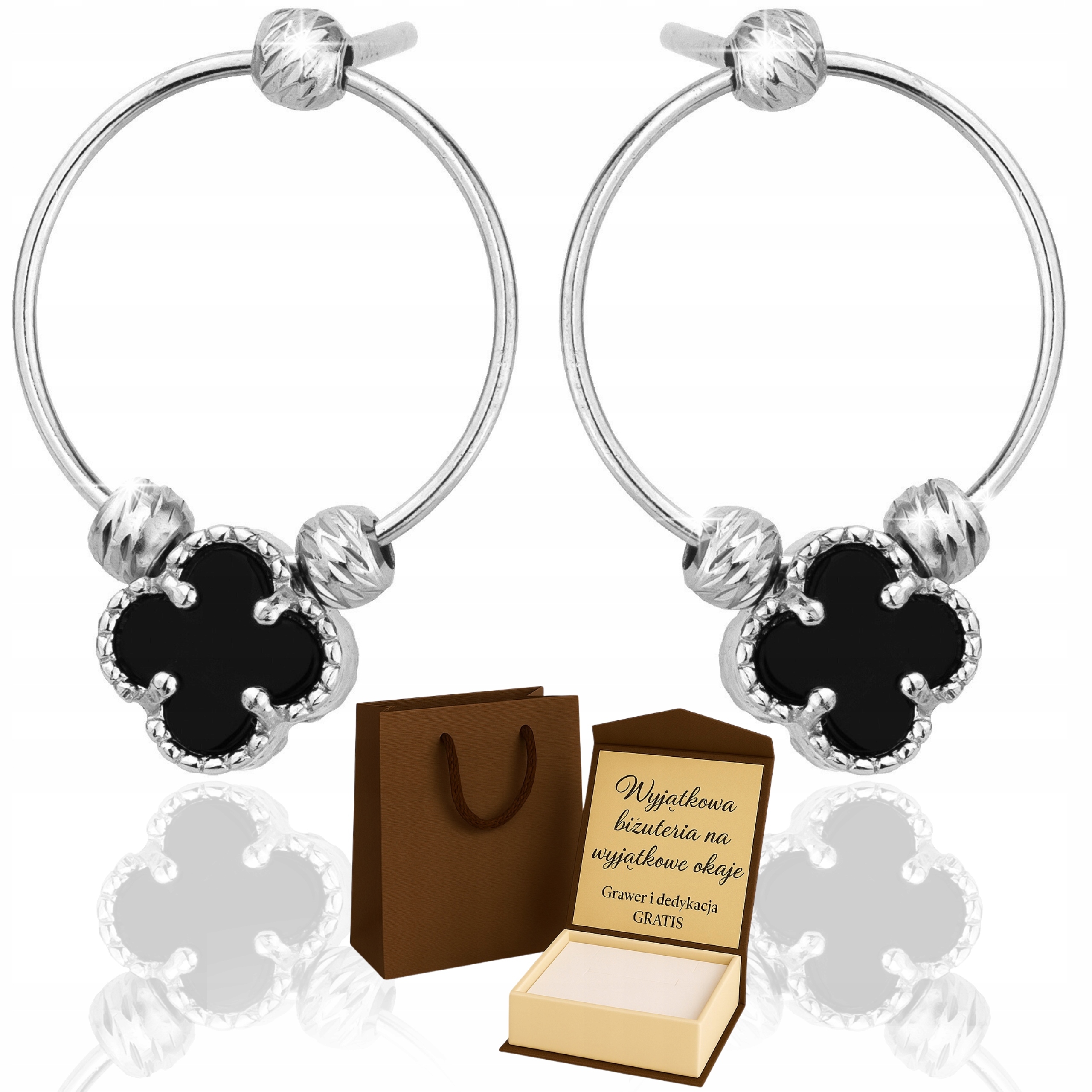 Dámské stříbrné Náušnice Čtyřlístek černým kamenem, kruhem Gravírování 925