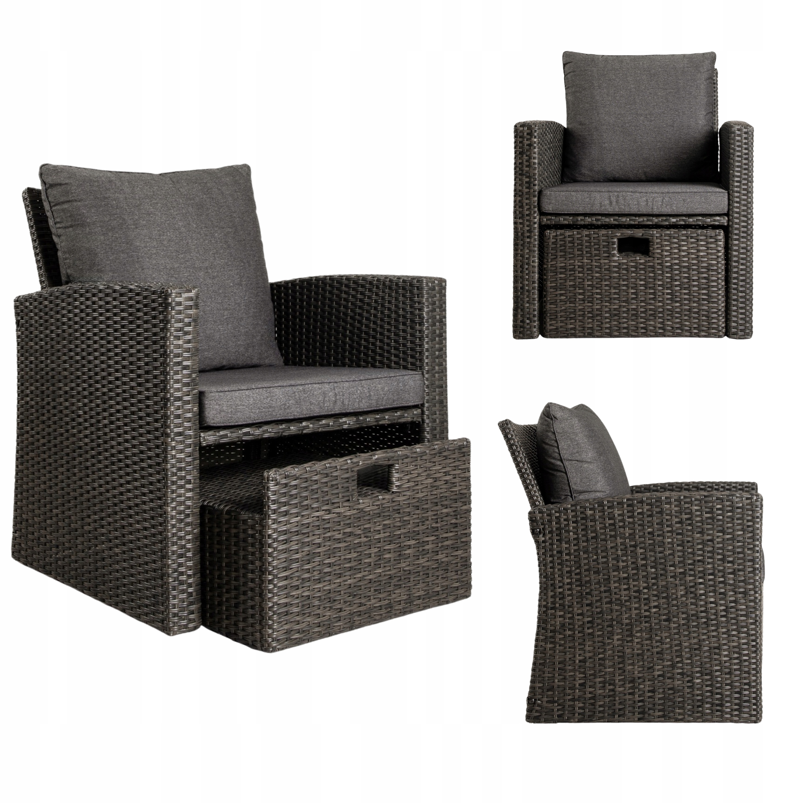 Záhradné kreslo hnedé s podnožkou, vankúše z technoratanu, odolné, Set