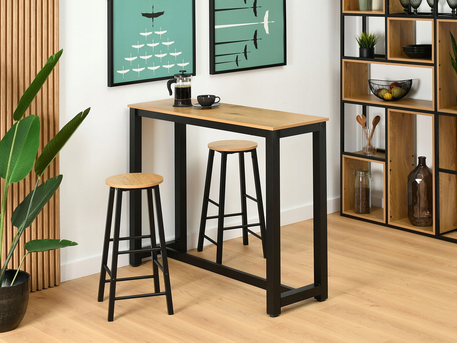 STYLOWA WYSPA KUCHENNA Z DWOMA HOKERAMI REMI DĄB PODSTAWA METALOWA CZARNY Kolor mebla czarny dąb