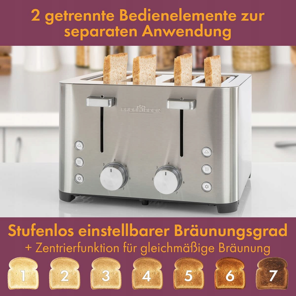 PROFICOOK Toster 4 Kromki Stal Nierdzewna 1500W Szerokie Szczeliny — miniatura 5