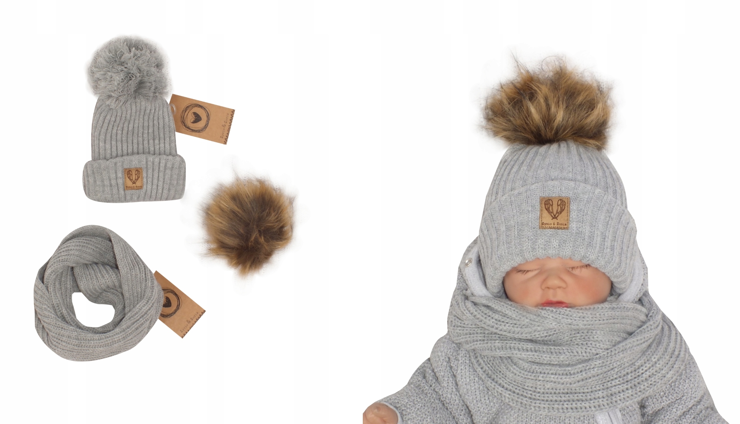 

Komplet Czapka 3w1 zimowa pompon +szalik 8-18m-c