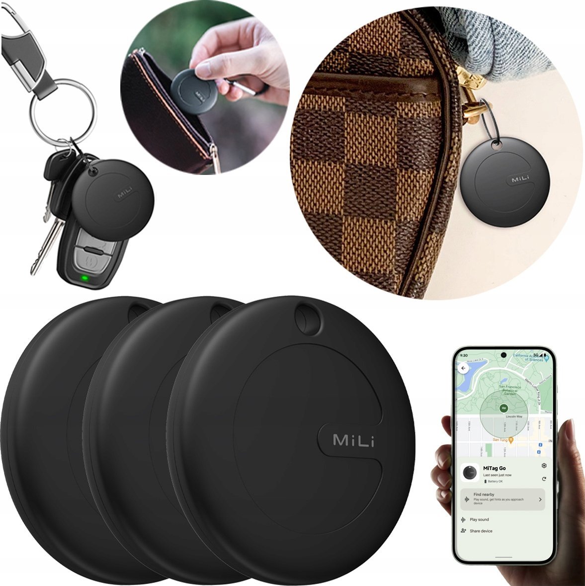 Lokalizator GPS 3x MiTag MiLi android do plecaka kluczy bagażu dla psa