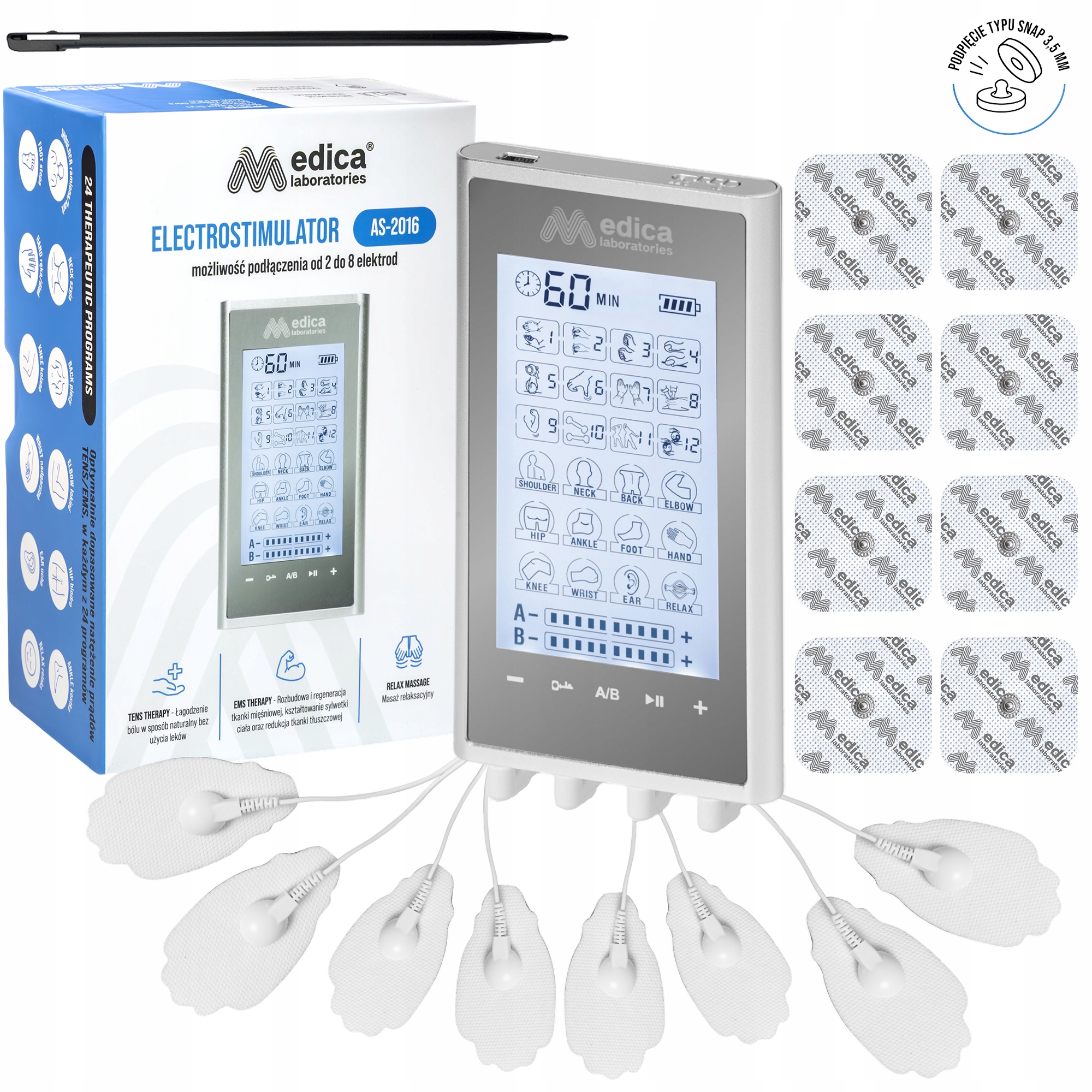 Elektrostymulator Mięśni Masażer Tens Ems Elektrody 16 szt. Zestaw XXL