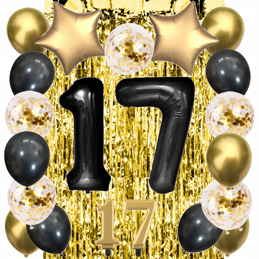 BALONY ZESTAW 17 Urodziny CHROM CZARNY ZŁOTY ROCZNICA 100 cm