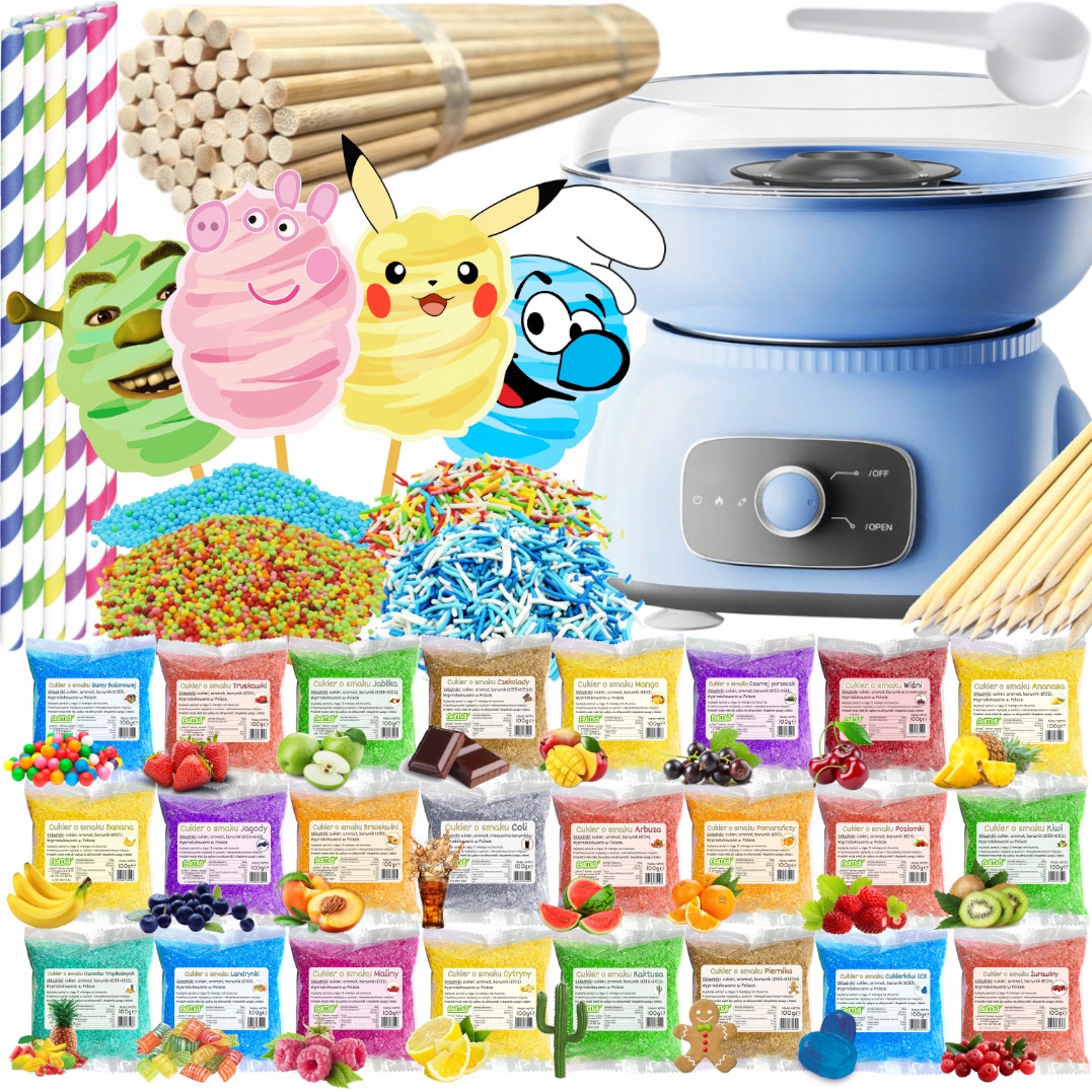 Sada Stroj na cukrovou vatu Cukr 24 x 100 g Sáčky tyčinky posypky