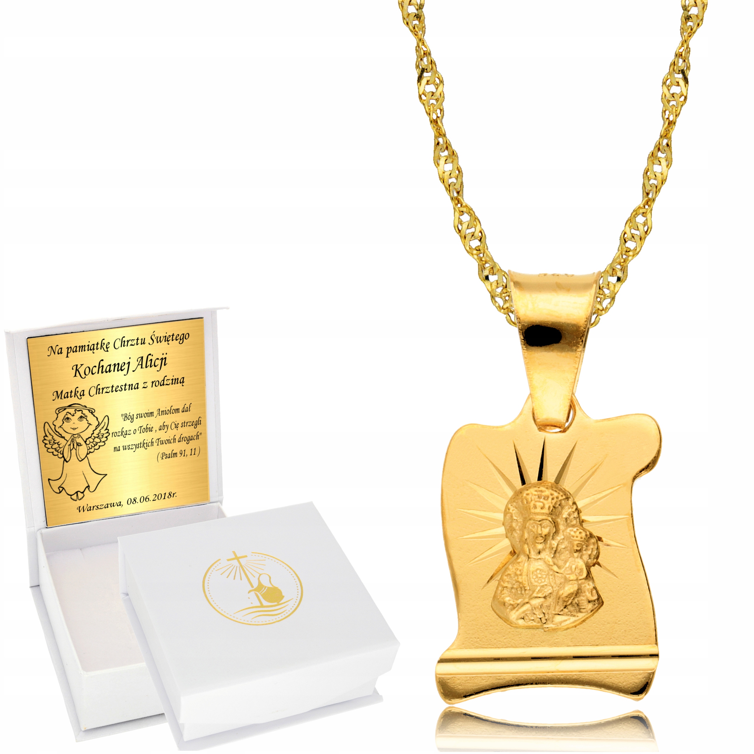 Łańcuszek Złoty Medalik Chrzest Komunia Grawer