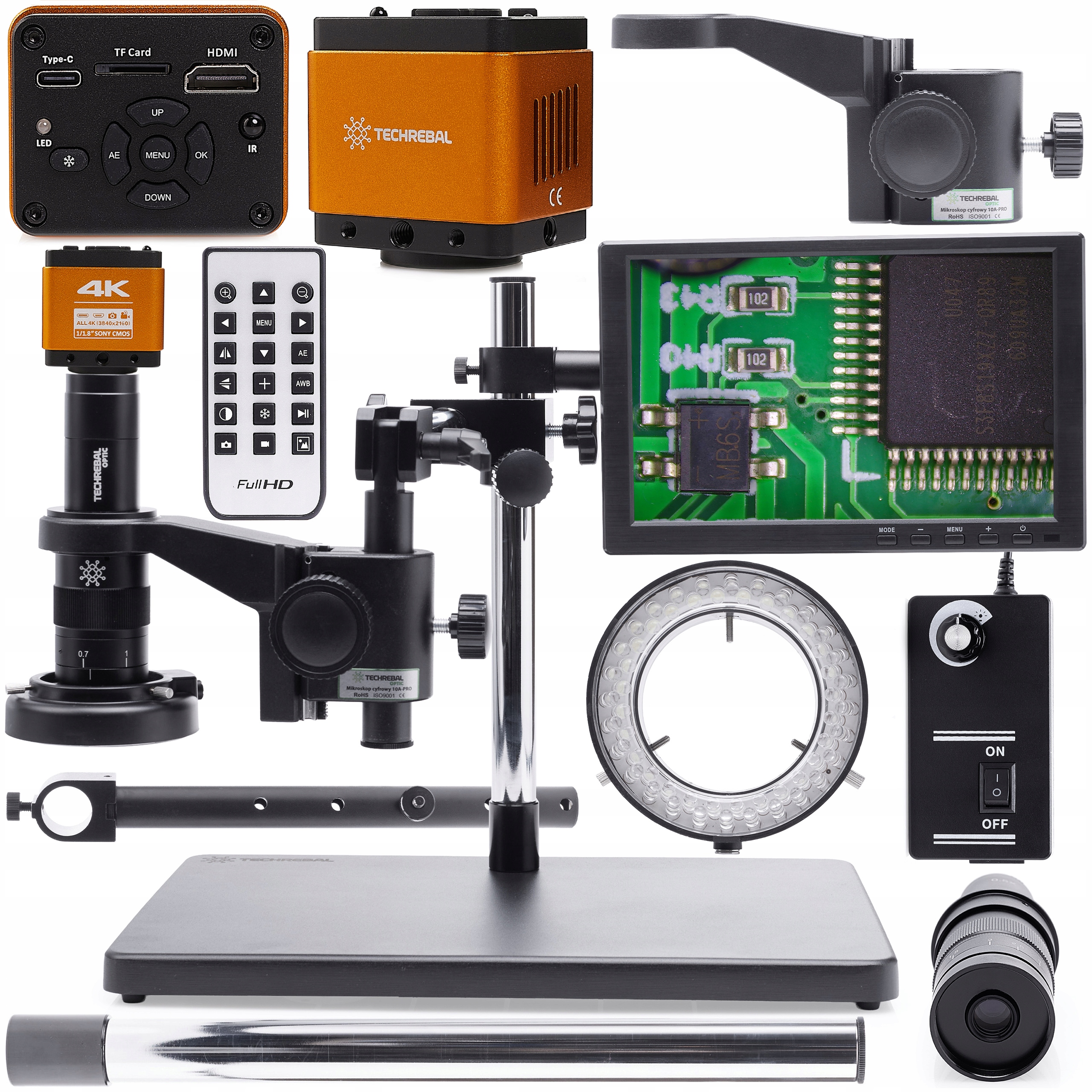 Digitální Mikroskop 10A Osvětlení 60XLED Kamera 8MP 4K Rameno Displej