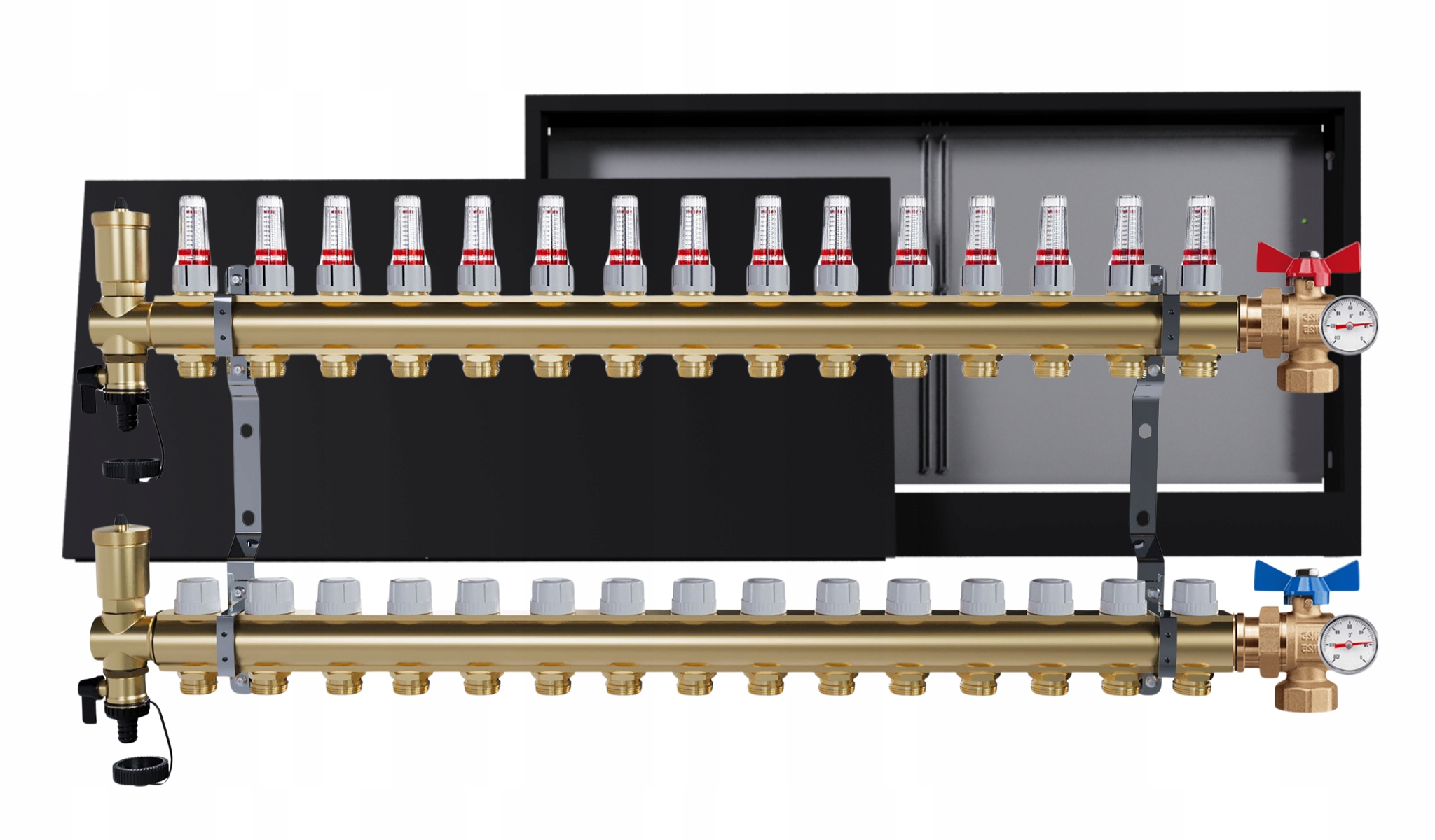 Rozdělovač Pro Podlahovku 15 Okruhů Ventily Nástěnná Skříňka Černá